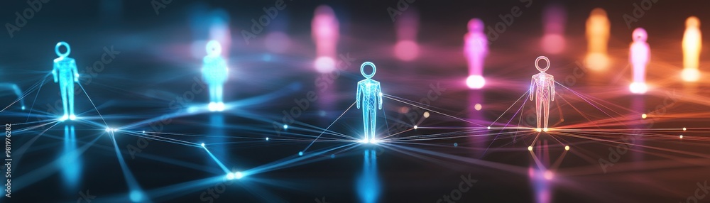 Poster abstract representation of digital connections among glowing figures in vibrant colors. symbolizes n