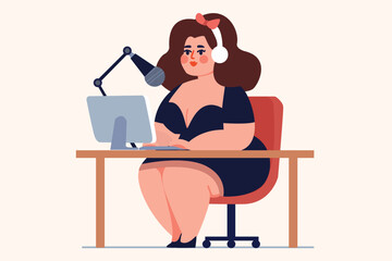 happy sale chubby woman. business video call. looking at camera, speak microphone, information, communication. holiday vacation booking. app technology. flat cartoon character vector illustration 
