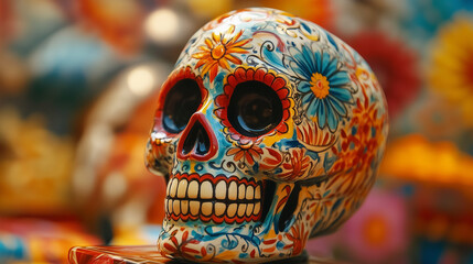 Fototapeta premium Colorful Sugar Skull with Floral Decorations