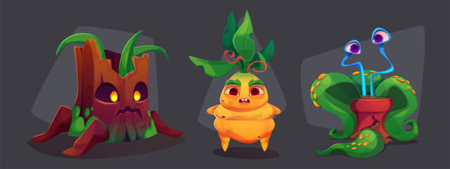 Naklejka premium Scary monster plants and flowers. Cartoon vector illustration set of fantasy horrible garden or forest creatures - tree stump with creepy face, terrible root with leaves, spooky flower in broken pot.