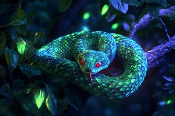 Obraz premium A neon snake, glowing in shades of green and blue, coils around a glowing tree branch. Its eyes glow bright red, and its scales shimmer with neon light, reflecting off the dark forest background
