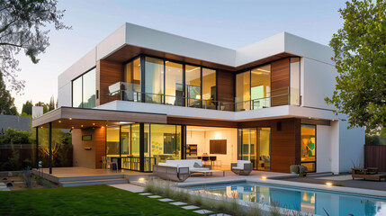 Fototapeta premium Luxury modern house with a sleek white facade, large glass windows, featuring open spaces, elegant lighting, and a swimming pool. 