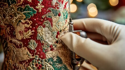 Fototapeta premium A close-up of a handmade Christmas stocking being sewn and decorated with festive designs