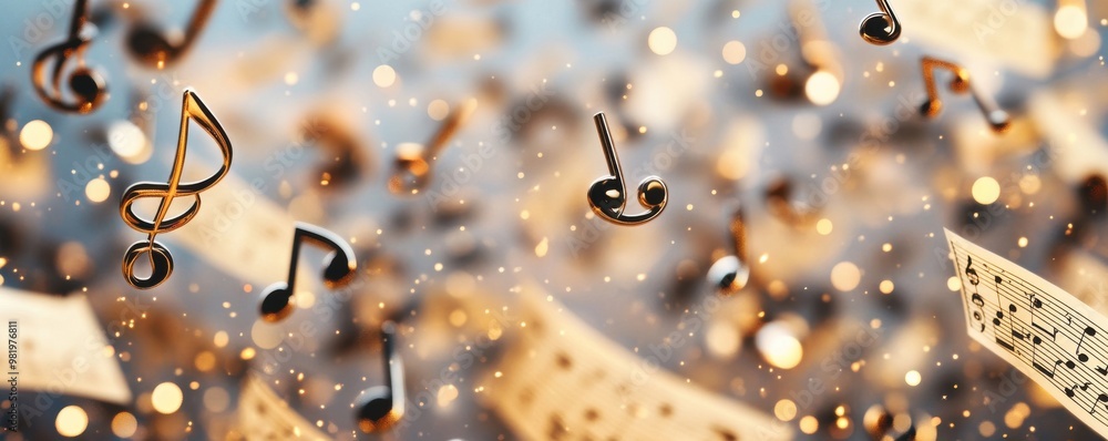 Poster an abstract representation of music with floating notes and sparkling lights creating a magical atmo