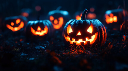 Naklejka premium Glowing jack-o'-lanterns create a spooky atmosphere in a dark pumpkin patch at Halloween night