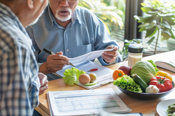 Senior man and nutritionist reviewing diet plan in comfortable consultation room. Nutritionist highlights essential aspects for improving health and wellness. Tailored dietary strategies for elderly.
