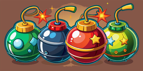 Four stylized cartoon bombs with lit fuses and sparkling stars, set against a dark green and blue background, create a playful yet suspenseful atmosphere