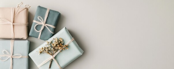 Beautifully wrapped gifts adorned with ribbon and dried flowers, perfect for celebrations and special occasions.