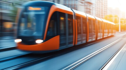 Electric public transport network. Modern buses and trams in a bustling city center. Eco-friendly urban mobility solutions for reducing carbon emissions and promoting sustainable commuting habits.