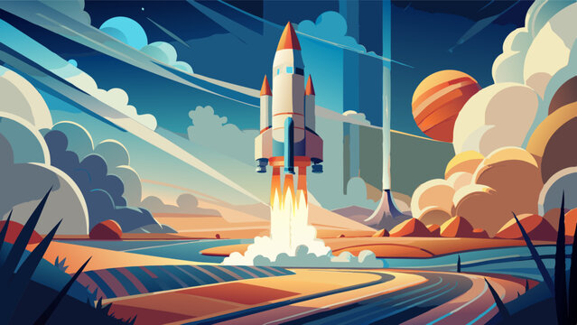 A retro-style rocket blasts off from a vibrant, stylized landscape under a dynamic sky filled with planets and swirling clouds, capturing a sense of adventure and the thrill of space exploration