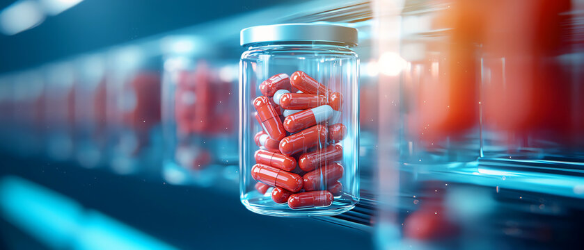 Close-up of a jar filled with vibrant red capsules, showcasing a modern and clean pharmaceutical storage environment.