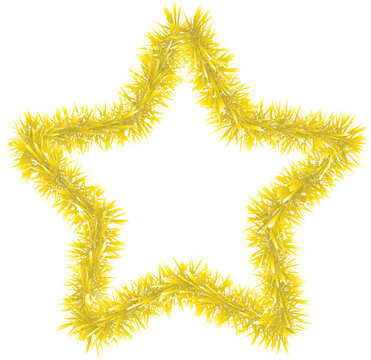 Golden tinsel star. Color vector illustration. Isolated white background. Fluffy celestial body. Star decoration. Idea for web design.