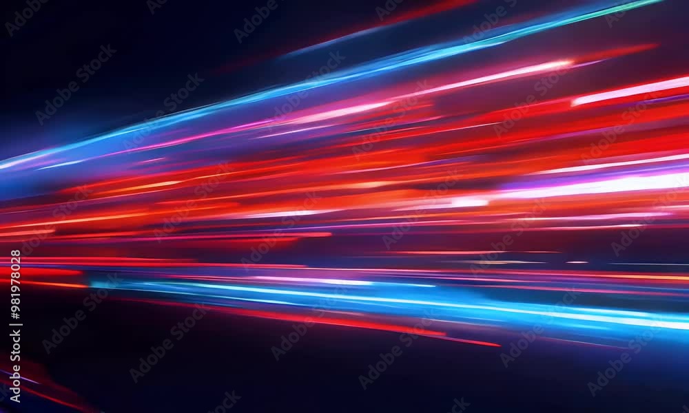 Poster high-speed light trail animation, creating a dynamic and futuristic backdrop. the red and blue light