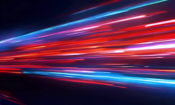 high-speed light trail animation, creating a dynamic and futuristic backdrop. The red and blue light motion trails convey a sense of fast movement and modern technology.