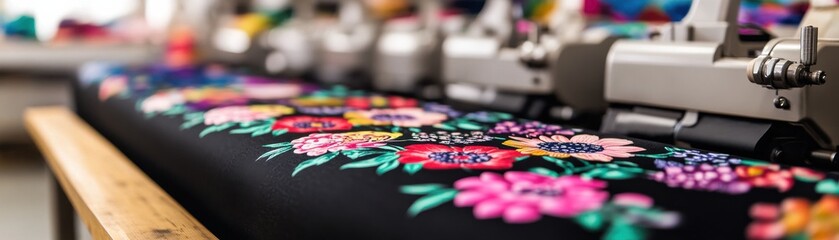Fototapeta premium Close-up of colorful floral embroidery on black fabric, showcasing intricate designs and craftsmanship in textile art.
