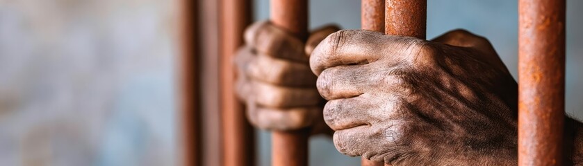 Close-up of hands gripping prison bars, depicting confinement and struggle, symbolizing justice, crime, and human experience.