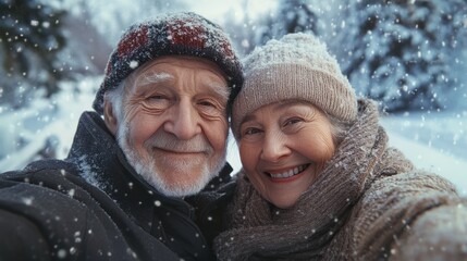 An elderly couple enjoying a winter holiday, capturing their love and adventure with a selfie.