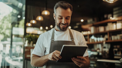 A man stands in a bustling restaurant, tablet in hand, meticulously checking inventory. As a small business owner in the hospitality industry, he expertly navigates the digital interface.