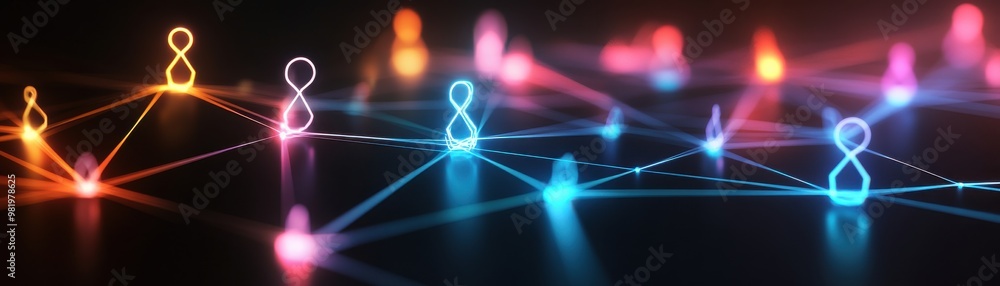 Poster colorful glowing nodes interconnected by lines, representing digital networks and connections in a v