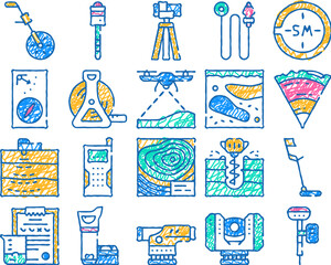 geodesy equipment doodle icons set vector. sketch line art odometer and marking peg, picket and compass, roulette and georadar, geodesy locator and laser color illustrations