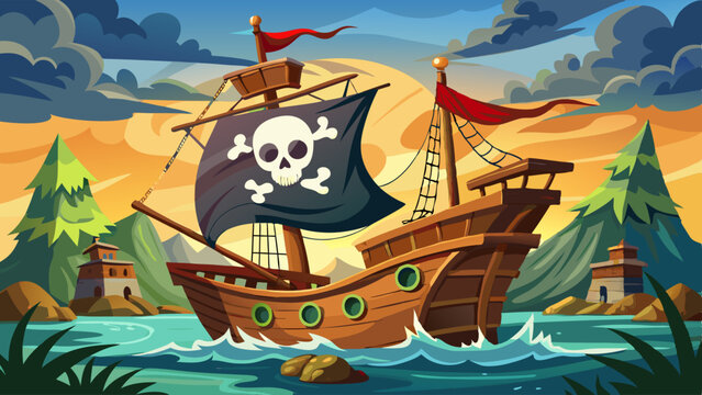vector illustration depicts a pirate ship with a skull and crossbones flag sailing in a scenic bay surrounded by mountains and small fortresses