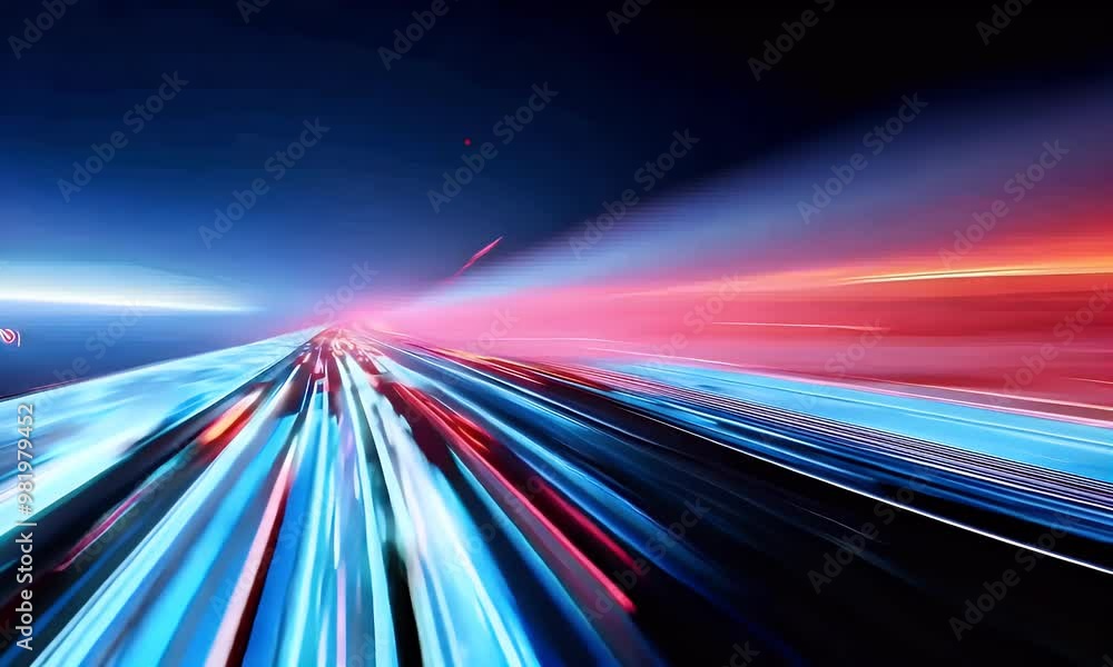 Poster high-speed light trail animation, creating a dynamic and futuristic backdrop. the red and blue light