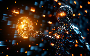Futuristic robot holding a glowing Bitcoin in a digital landscape, symbolizing technology, finance, and cryptocurrency.