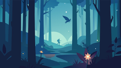 a mystical forest at twilight, featuring glowing flowers and a silhouetted figure, perfect for enchanting and magical-themed designs