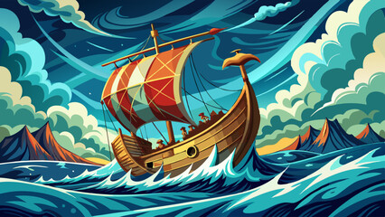 A detailed vector illustration of a Viking ship navigating through stormy seas with dramatic waves and a mountainous coastline in the background