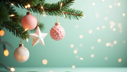 Pink and white Christmas baubles hanging from a tree branch with bokeh lights in the background