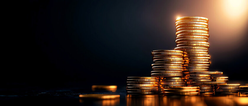 Close-up view of golden coins stacked in a pyramid shape, symbolizing wealth and prosperity against a dark background.
