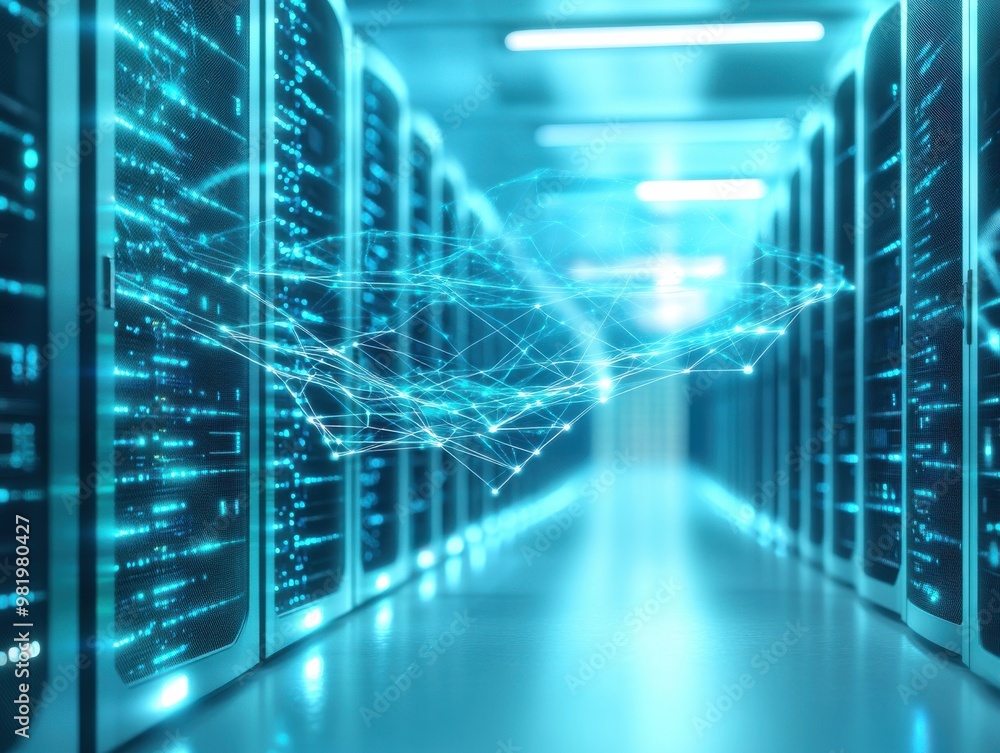 Poster futuristic data center with illuminated server racks and digital connections, showcasing advanced te