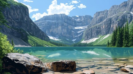 A serene mountain lake surrounded by towering peaks and lush green forests under a bright blue sky