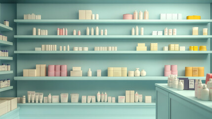 A pharmacy interior showcases neatly organized shelves filled with boxes of pharmaceutical products. The bright, clean space emphasizes wellness and health, inviting customers to explore the various .