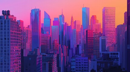 Fototapeta premium A vibrant cityscape glows in vivid hues, highlighting contemporary structures against the lively backdrop of twilight.