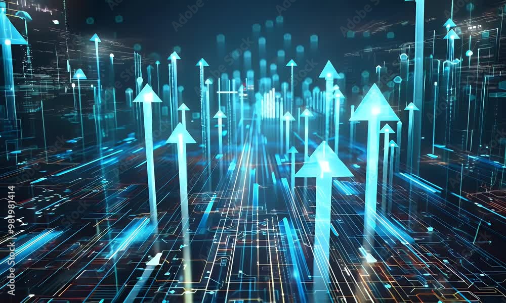Poster abstract blue glowing arrows pointing upwards animation background, representing growth and progress