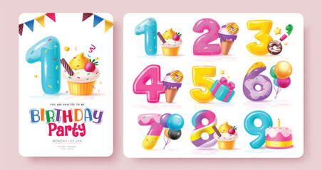 Birthday party numbers vector set design. Birthday greeting with colorful numbers, cup cake, cake, balloons and gift box decoration elements. Vector illustration invitation card set.   © Zeinous