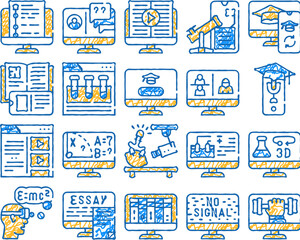 online education learning lesson doodle icons set vector. sketch line art internet library books and video, chemistry and mathematics education color illustrations