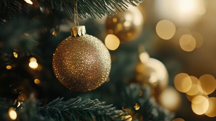 Close up of golden balls on christmas tree. Bokeh garlands in the background. New Year concept.