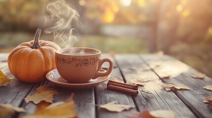 Warm Coffee with Pumpkin and Cinnamon on a Fall Morning,Generative AI