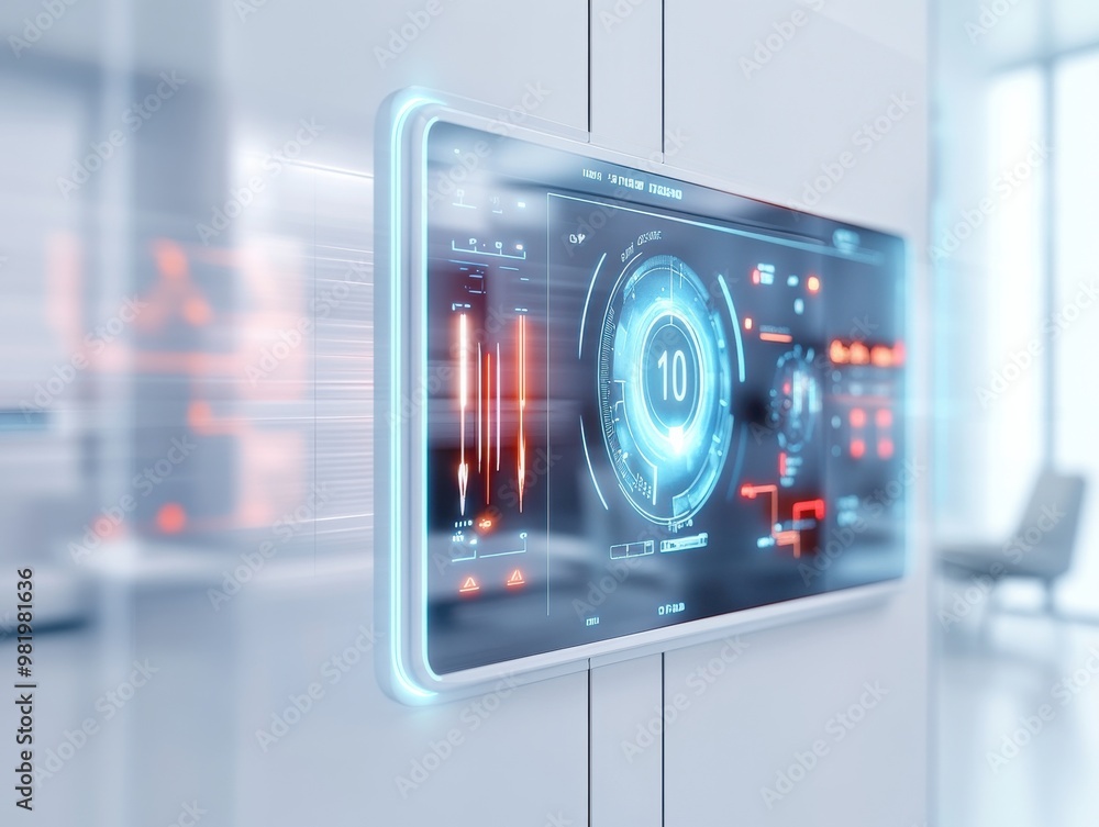 Poster futuristic interface display with digital readings and analytics in modern workspace, showcasing tec