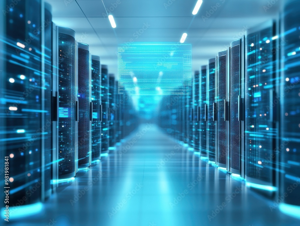 Poster futuristic server room with illuminated racks, showcasing modern technology and high-speed data tran