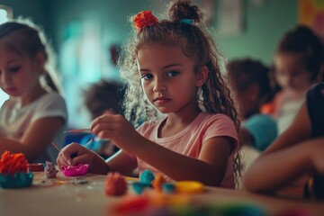 Lively Art Studio with Children Working on Crafts and Drawings, Spring Festival Decorations