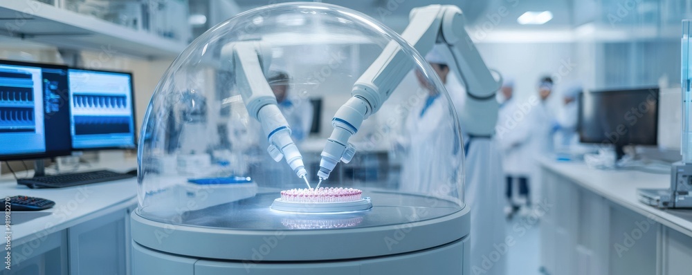Poster high-tech laboratory featuring robotic arms for precision tasks in a sterile environment.