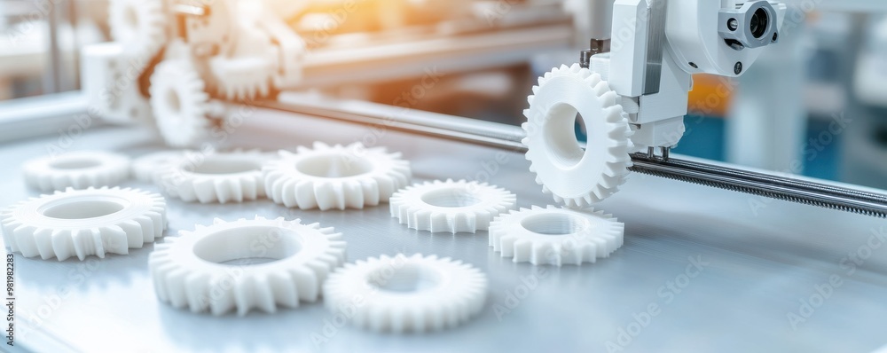 Poster high-tech robotic arm assembling white gears on a factory line, showcasing automation and precision 