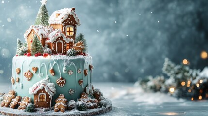 Copy space image of a festive winter cake adorned with gingerbread houses and cookies, perfect for Christmas and New Year's baking inspiration.