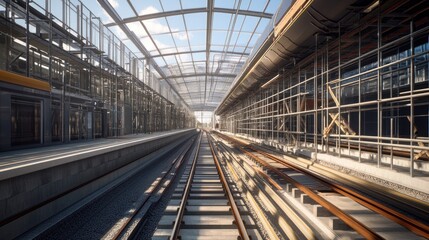 Obraz premium A high-speed train station under construction, featuring sleek, modern architecture. The tracks are being installed, and scaffolding surrounds the platform area.