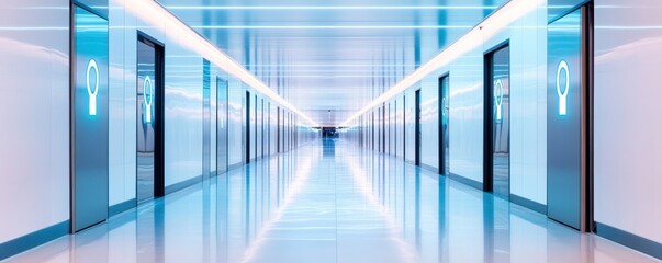 Fototapeta premium Modern corridor with elevators, featuring sleek lines and bright lighting, perfect for architectural or interior design projects.