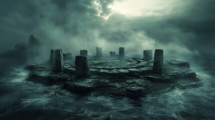 Surreal stone circle on a mist-enshrouded island, dark waters surrounding it, a soft glow emerging from the fog, creating an atmosphere of mystery and ancient power