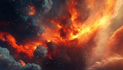 Obraz premium Abstract Fiery Cloudscape Swirling Smoke, Sparkles and Nebulae In Orange And Gold Hues